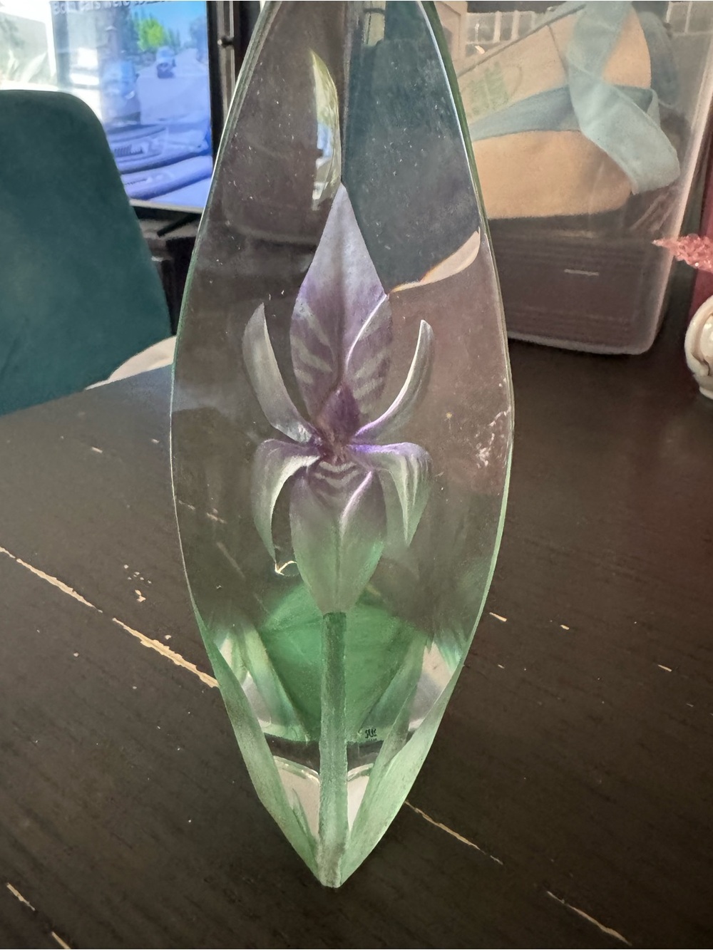 Source Unknown Purple and Green Glass Orchid Sculpture
